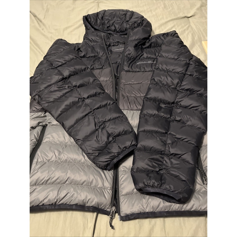 Eddie Bauer Youth Black Grey Hooded 650 Down Puffer Full Zip Jacket Size XL